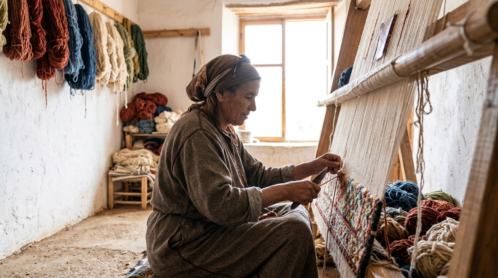 Amazigh woman artisan weaving a handmade Moroccan rug in the Atlas Mountains