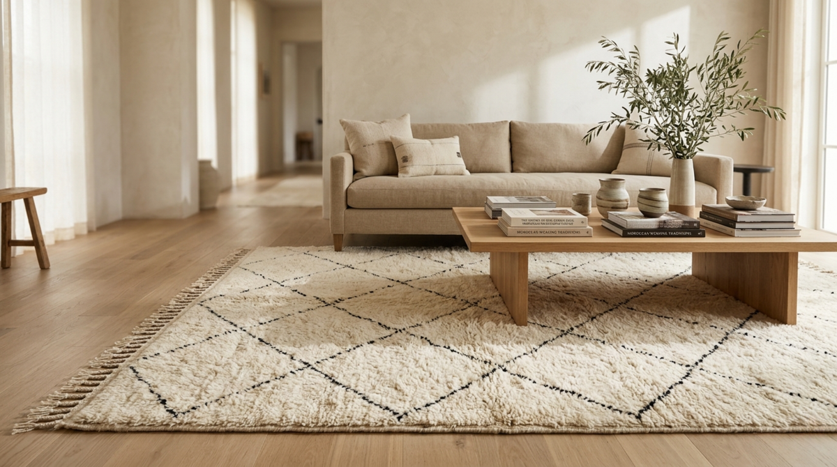 Authentic Beni Ourain rug in a modern interior inspired by Moroccan weaving heritage