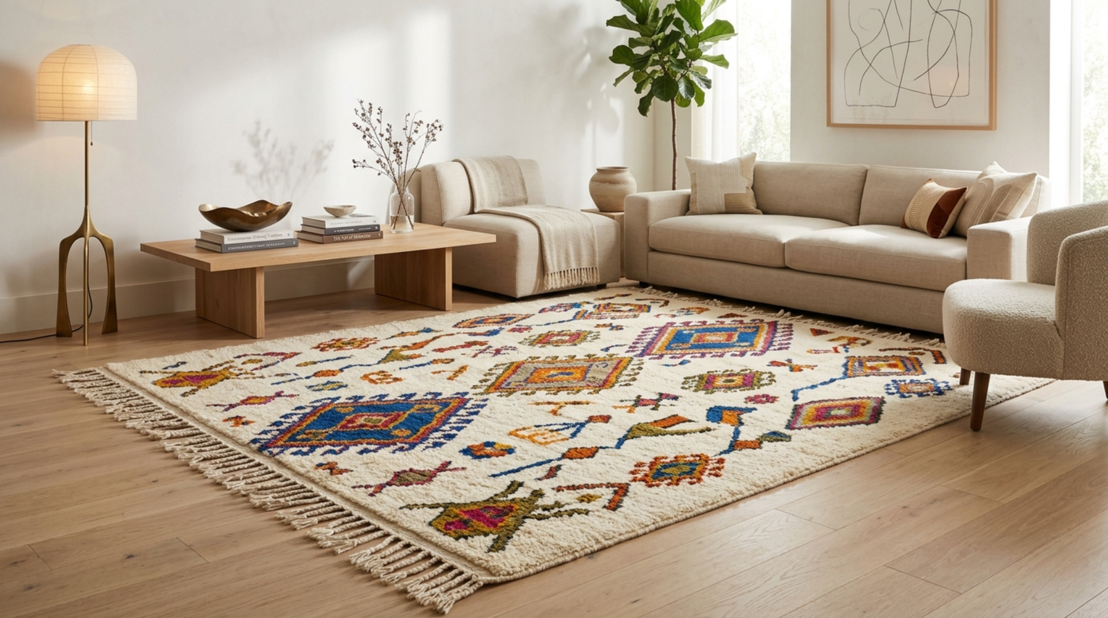 Colorful Azilal rug showcasing abstract Amazigh artistry and Moroccan craftsmanship