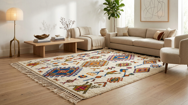 Colorful Azilal rug showcasing abstract Amazigh artistry and Moroccan craftsmanship