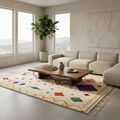 Colorful Azilal Berber rug styled in a bright modern living room with neutral sofa