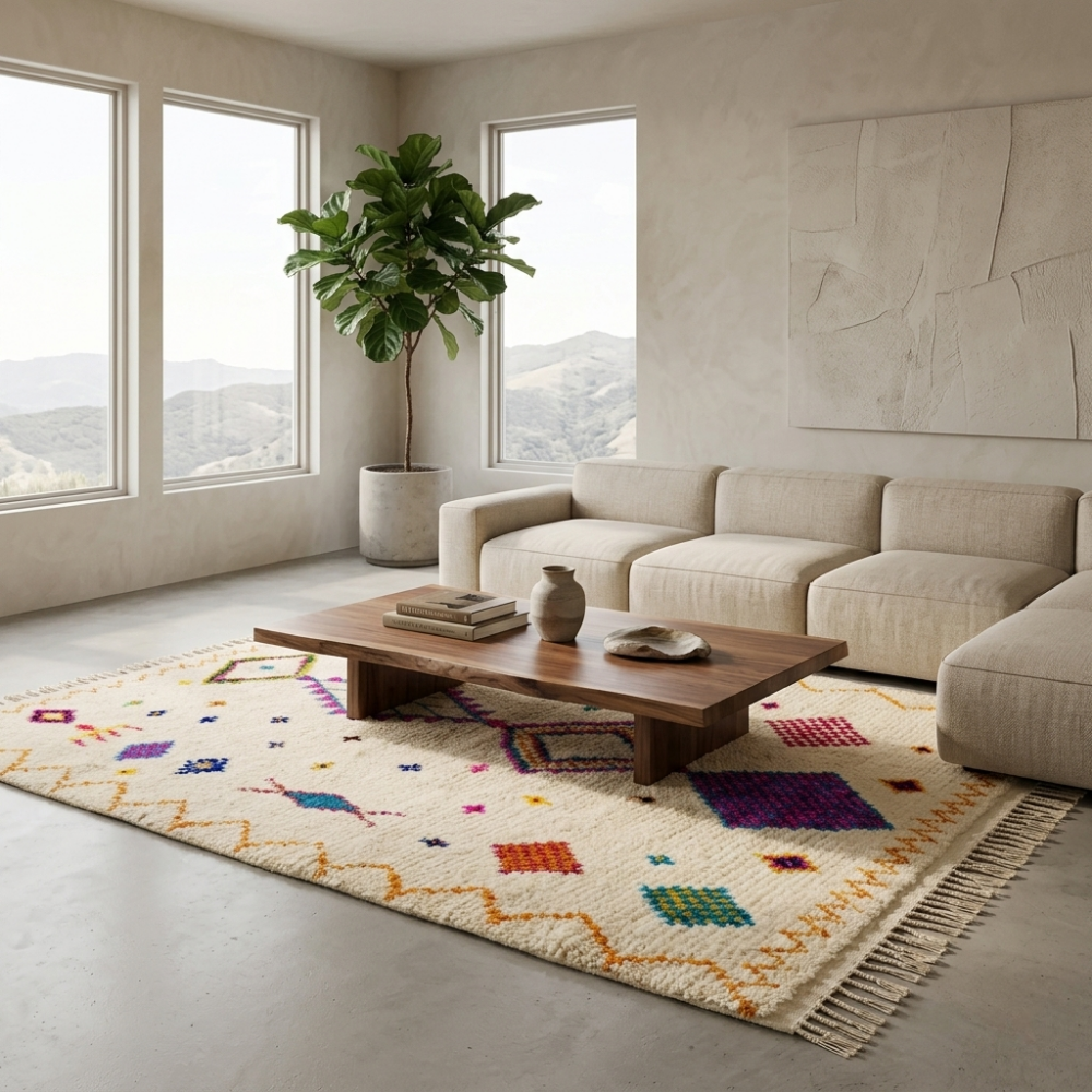 Colorful Azilal Berber rug styled in a bright modern living room with neutral sofa