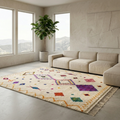 Ivory Azilal Moroccan rug with multicolor Amazigh symbols under a wooden coffee table
