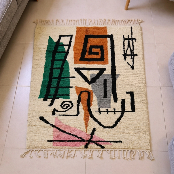 Azilal Abstract Modern Art Berber Wool Rug — Ivory & Emerald