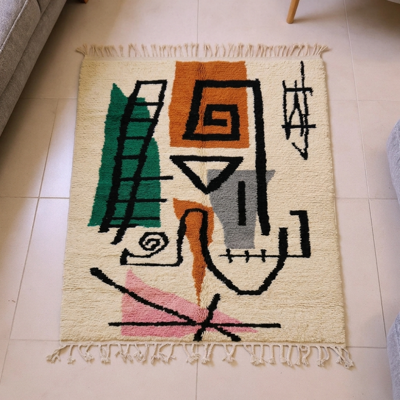 Azilal ivory wool rug with abstract emerald, orange and charcoal Berber art, shown flat