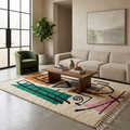 Abstract Azilal Berber rug in a bright living room with green accent chair and neutral sofa
