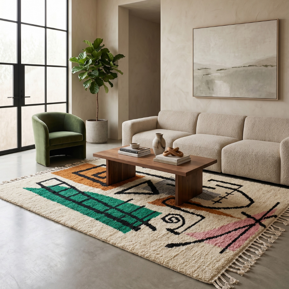 Abstract Azilal Berber rug in a bright living room with green accent chair and neutral sofa
