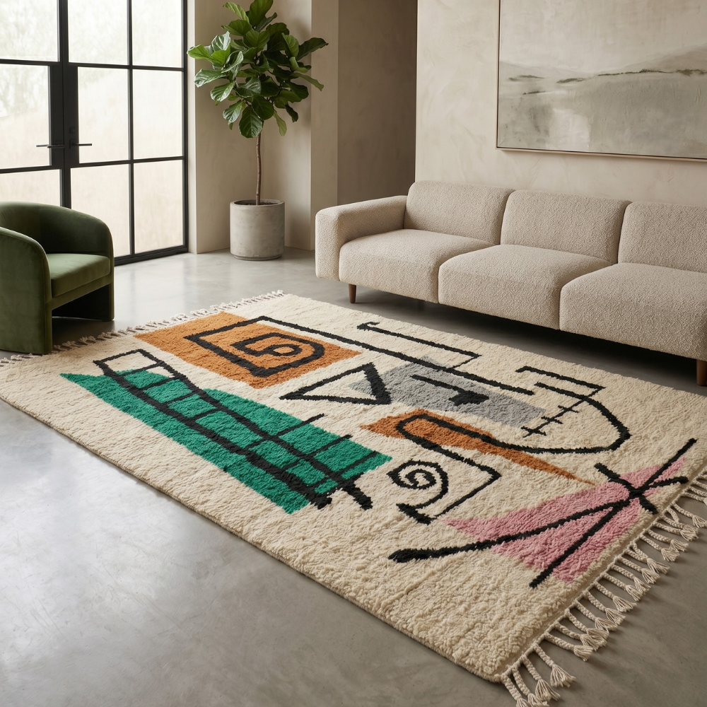 Ivory Azilal art rug with emerald and orange abstract motifs beside a green armchair