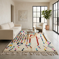 Colorful Azilal Berber rug with multicolor lines in a bright white living room with glass table