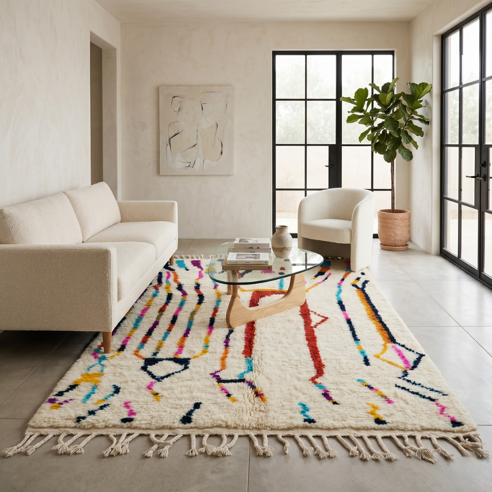 Colorful Azilal Berber rug with multicolor lines in a bright white living room with glass table