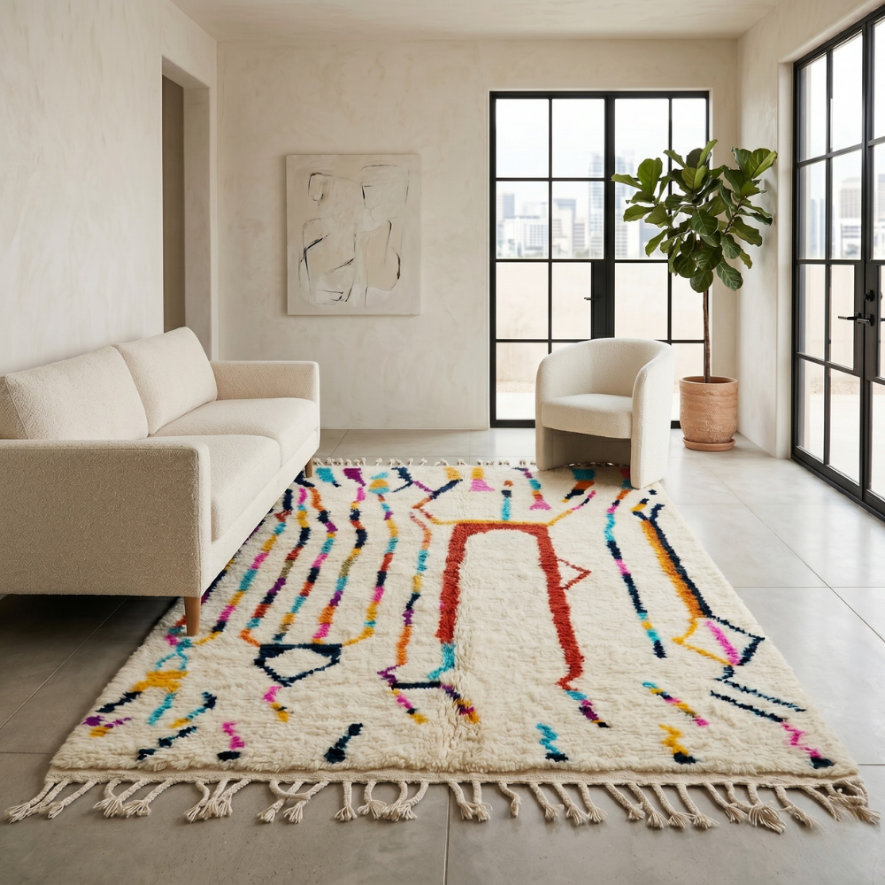 Ivory Azilal rug with playful rainbow line motifs in a sunlit modern living room