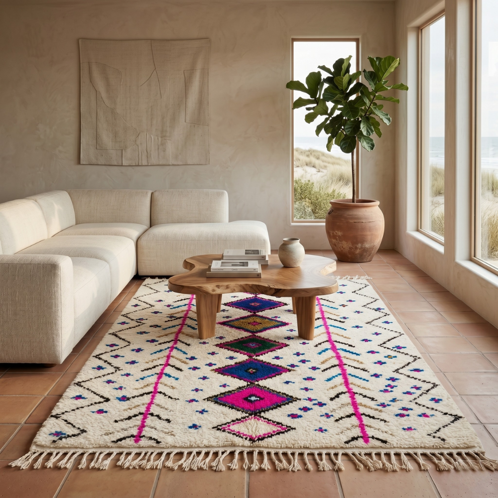 Pink and blue diamond Azilal Berber rug in a warm living room with neutral sofa and wood table