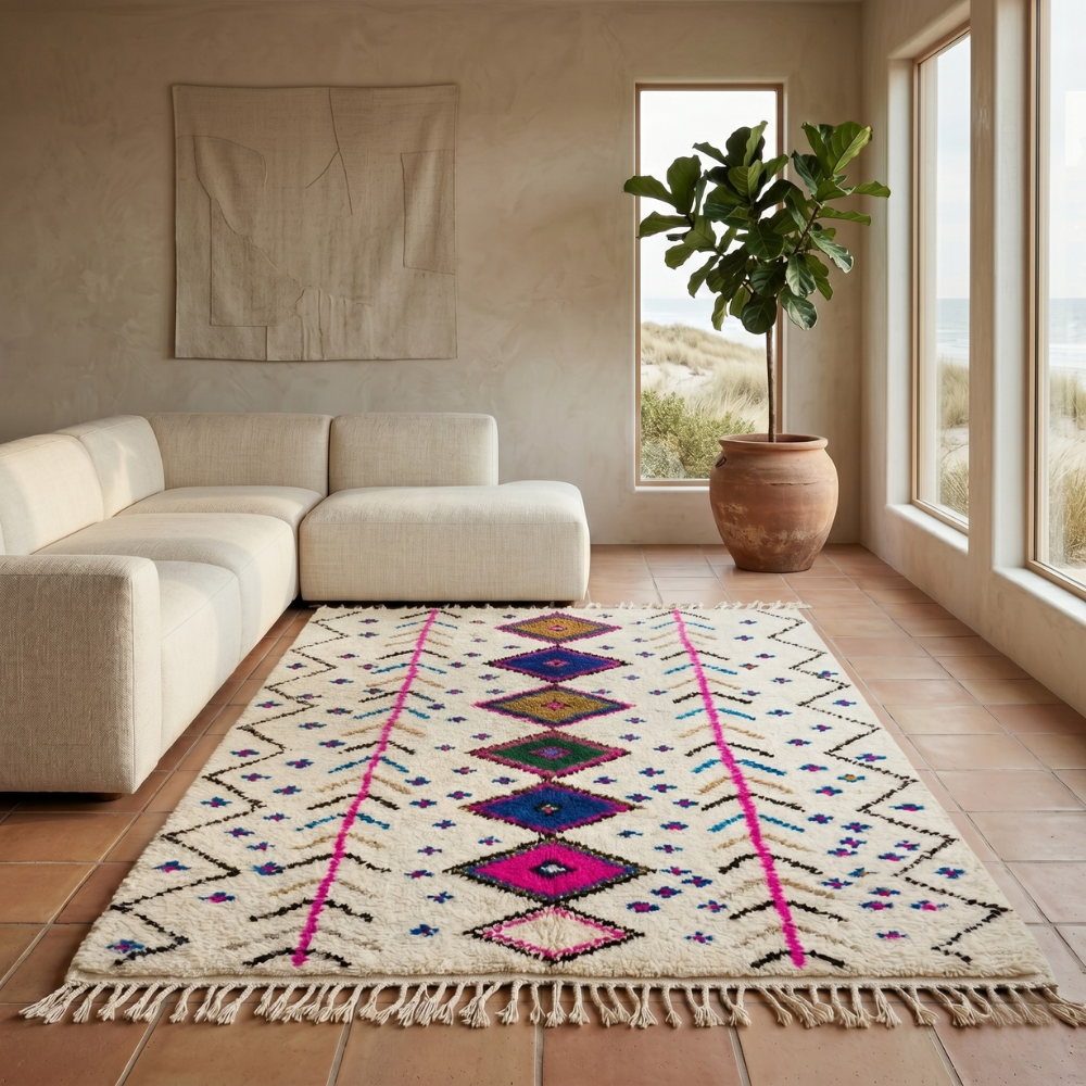 Ivory Azilal rug with magenta and blue diamond motifs in a sunlit boho living room