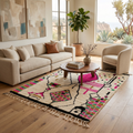 Magenta diamond Azilal Berber rug in a bright living room with neutral sofa and round chair