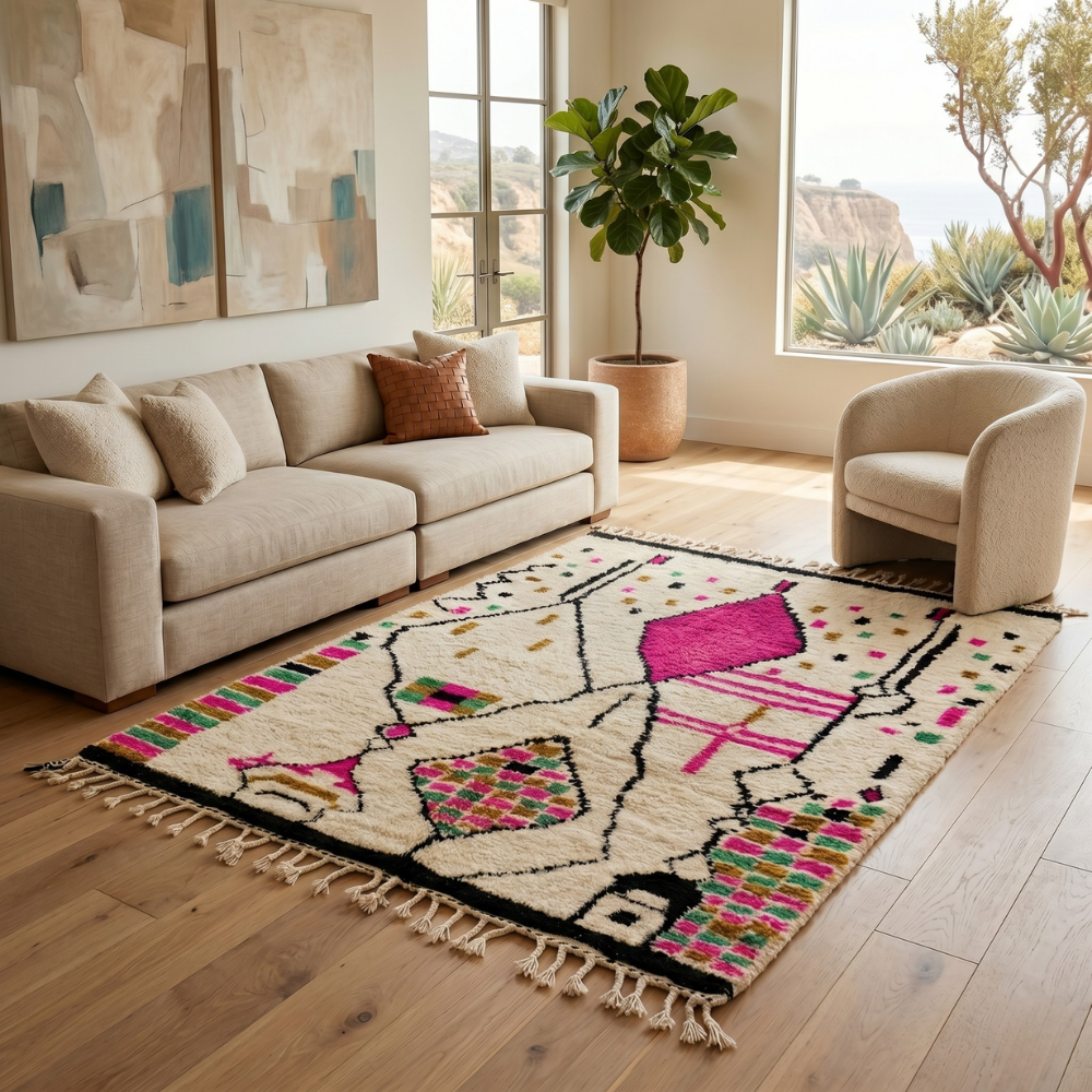 Ivory Azilal rug with pink and green diamond motifs in a sunlit modern living room