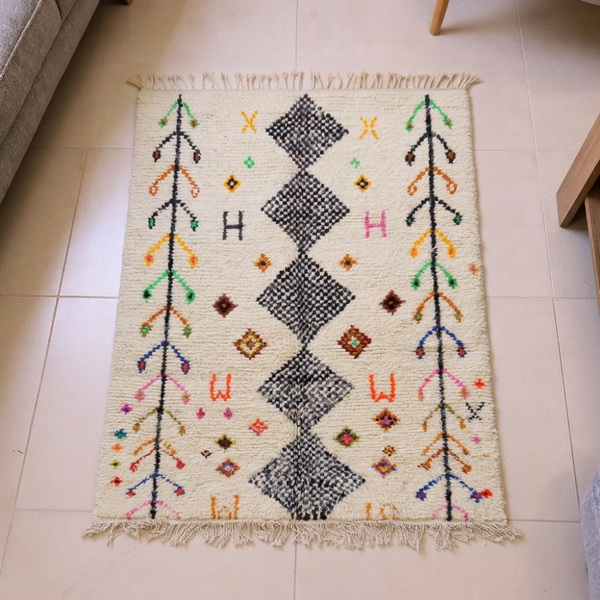 Azilal Ivory Diamond & Tree of Life Berber Wool Rug
