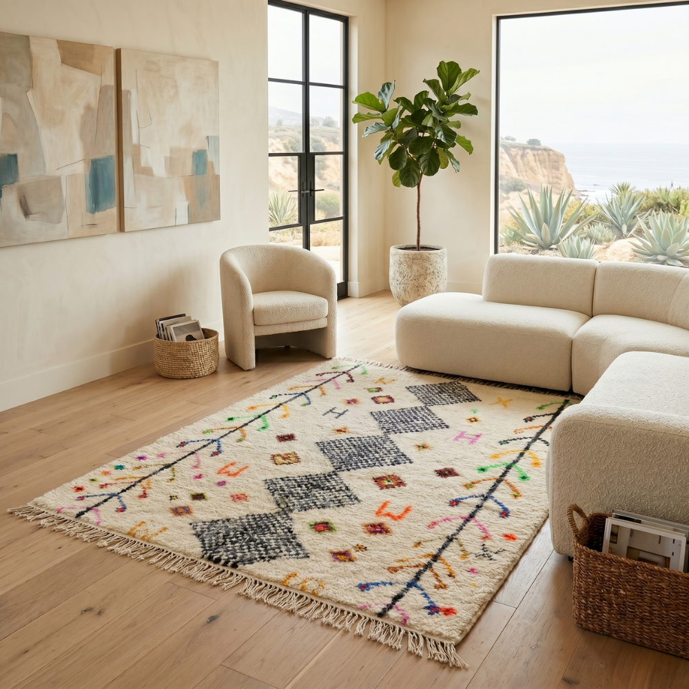 Azilal diamond and tree-of-life rug in a bright modern living room with neutral sofa