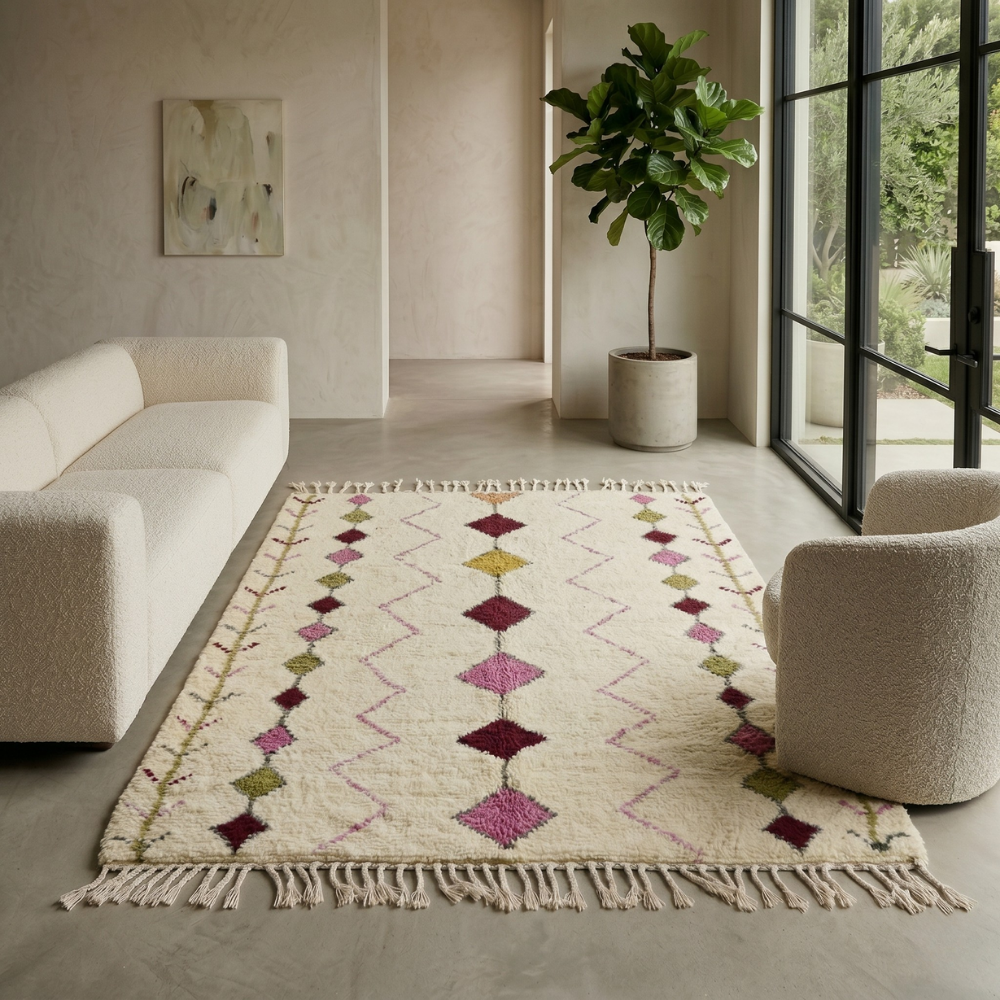 Ivory Azilal rug with muted purple diamond motifs in a bright minimal living room