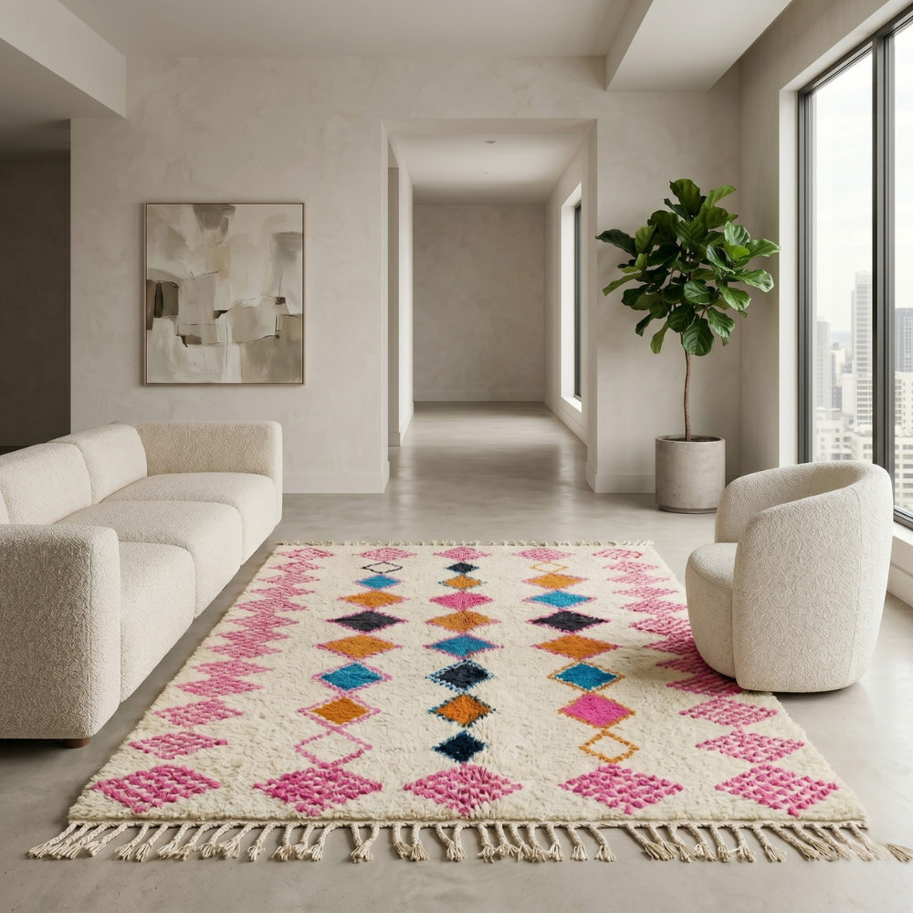 Ivory Azilal rug with all-over pink diamond pattern in a sunlit modern living room