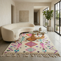 Vibrant diamond Azilal Berber rug in a bright living room with curved boucle sofa