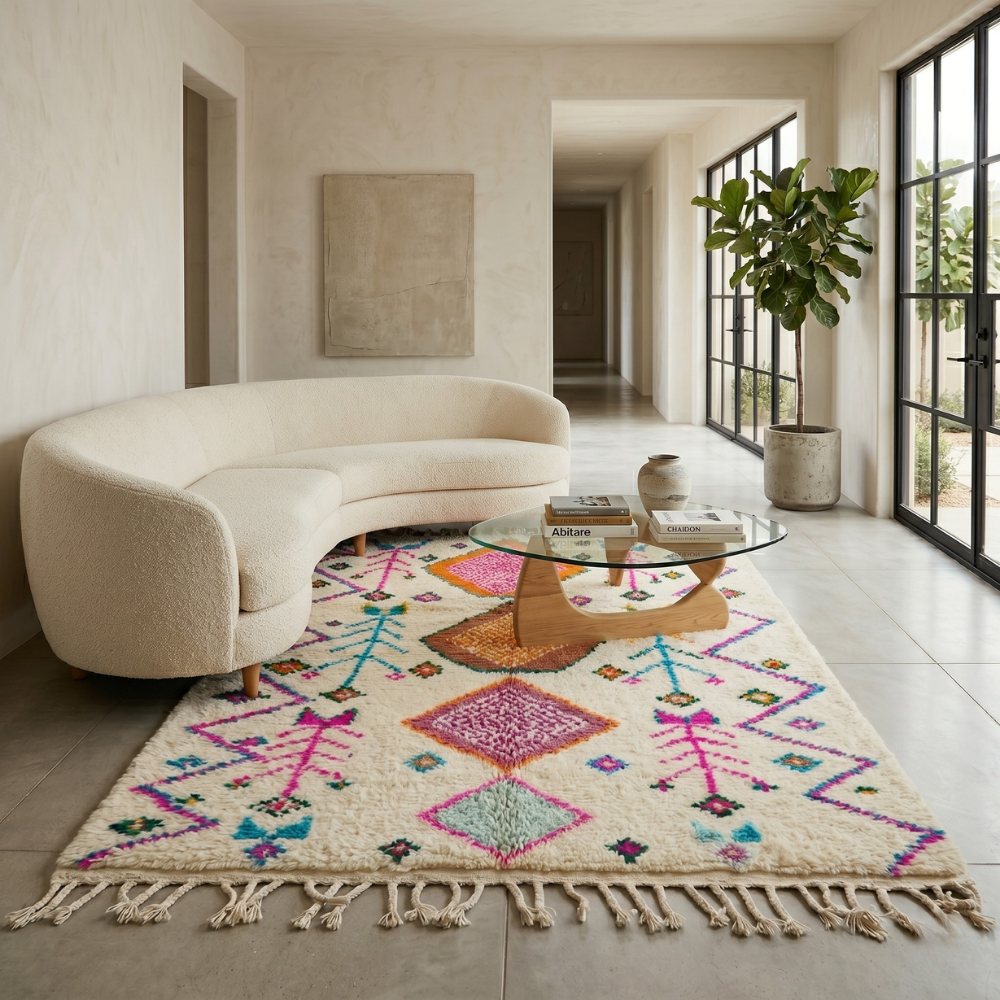 Vibrant diamond Azilal Berber rug in a bright living room with curved boucle sofa