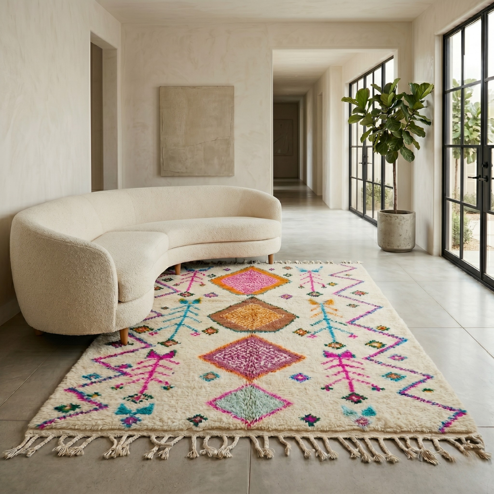 Ivory Azilal rug with multicolor diamonds and zigzags in a sunlit modern living room