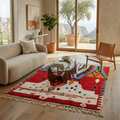 Bold red abstract Azilal Berber rug in a sunlit living room with neutral sofa and mountain view