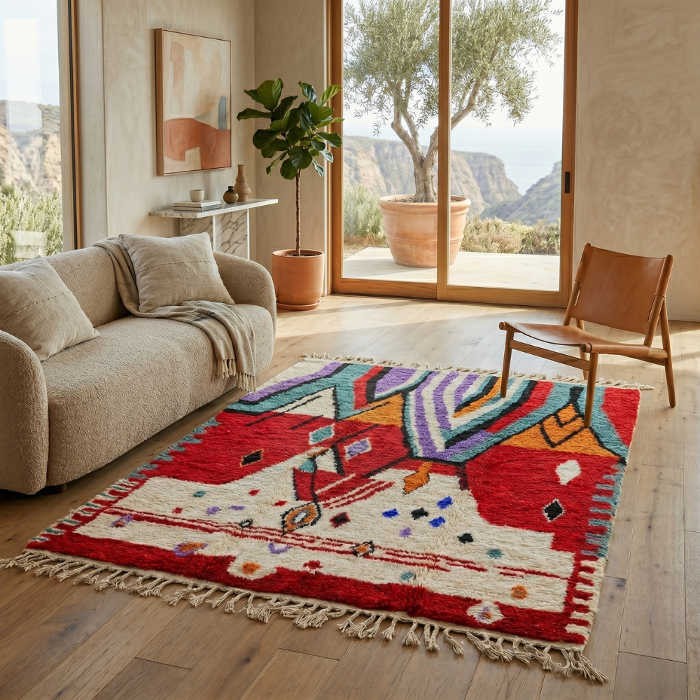 Red Azilal statement rug with colorful abstract motifs in a bright modern living room