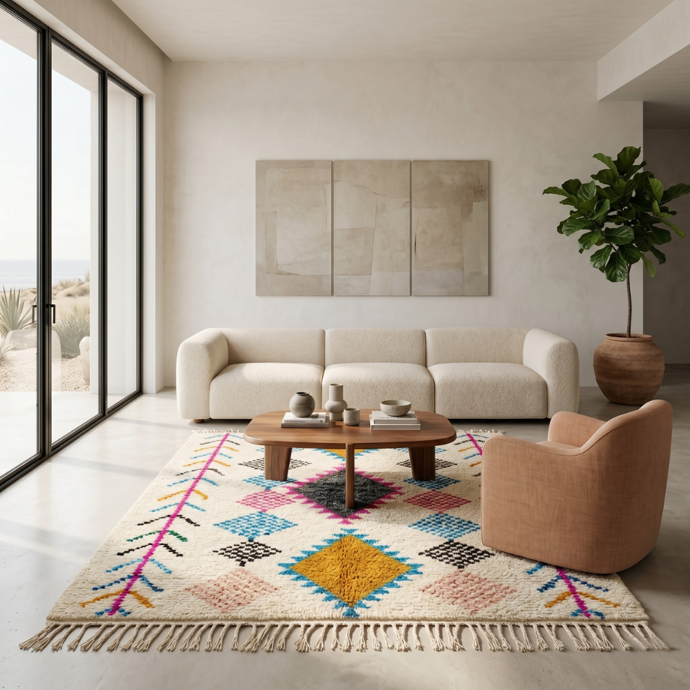 Nested diamond Azilal Berber rug in a bright minimal living room with neutral sofa