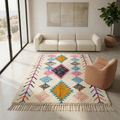 Ivory Azilal rug with colorful concentric diamonds in a sunlit modern living room
