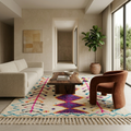 Purple diamond Azilal Berber rug in a warm living room with neutral sofa and wood table