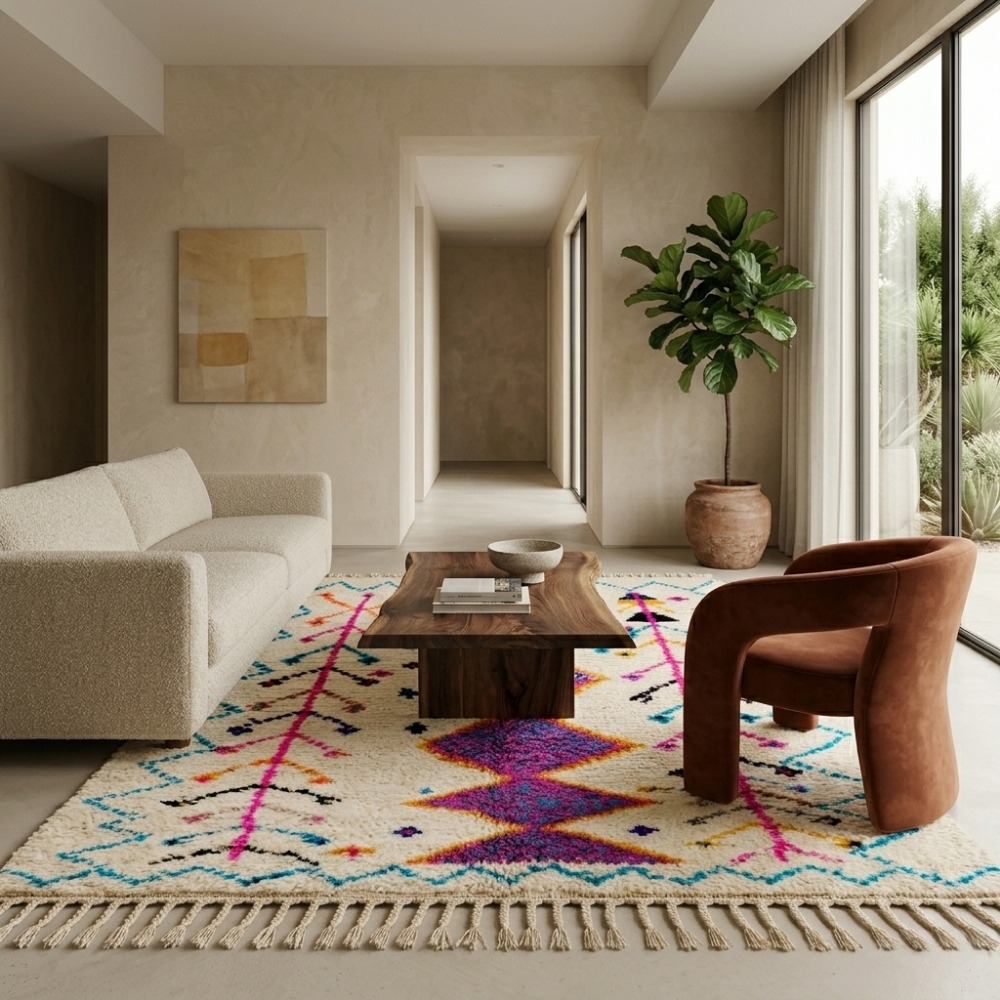 Purple diamond Azilal Berber rug in a warm living room with neutral sofa and wood table