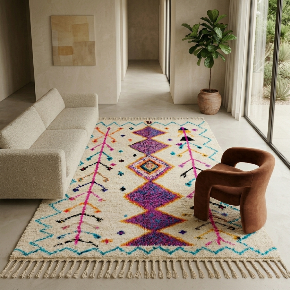 Ivory Azilal rug with purple diamonds and turquoise motifs in a sunlit modern living room