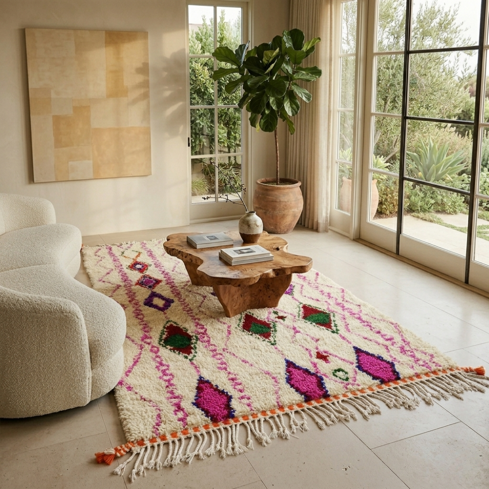 Pink diamond lattice Azilal Berber rug in a warm living room with boucle chair and wood table