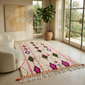 Ivory Azilal rug with vintage pink diamond trellis in a sunlit modern living room