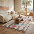 Multicolor diamond Azilal Berber rug in a warm living room with curved sofa and wood table