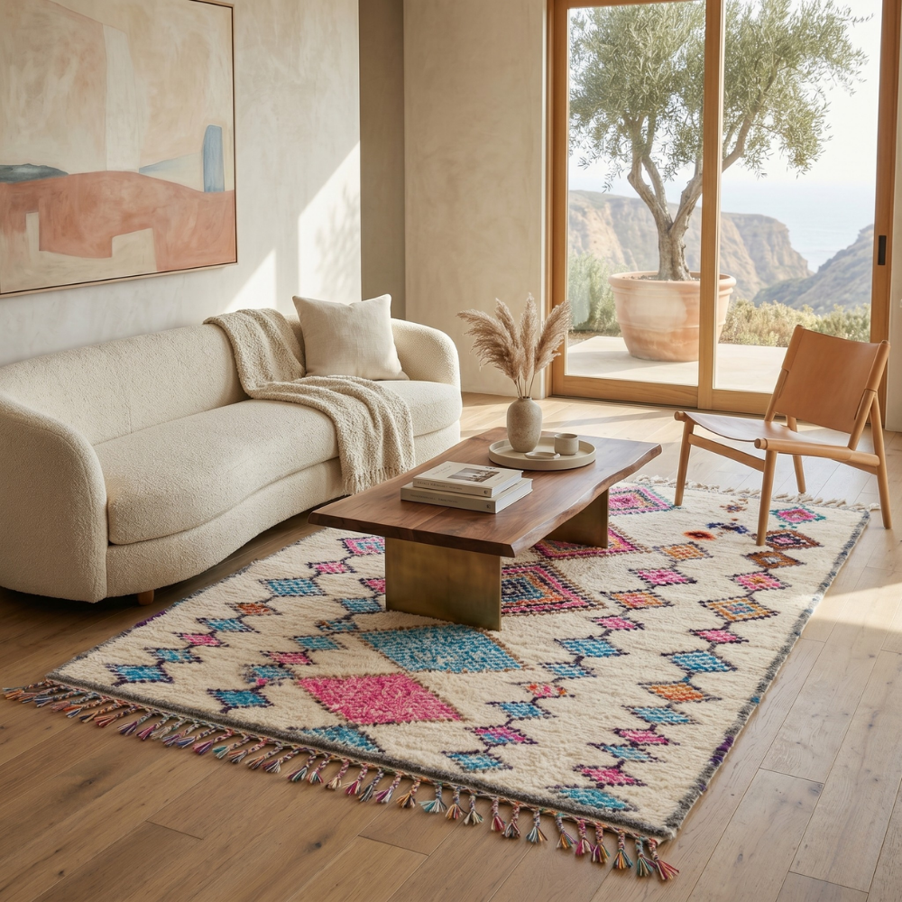 Multicolor diamond Azilal Berber rug in a warm living room with curved sofa and wood table