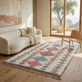 Ivory Azilal rug with pink and blue diamond grid in a sunlit modern living room