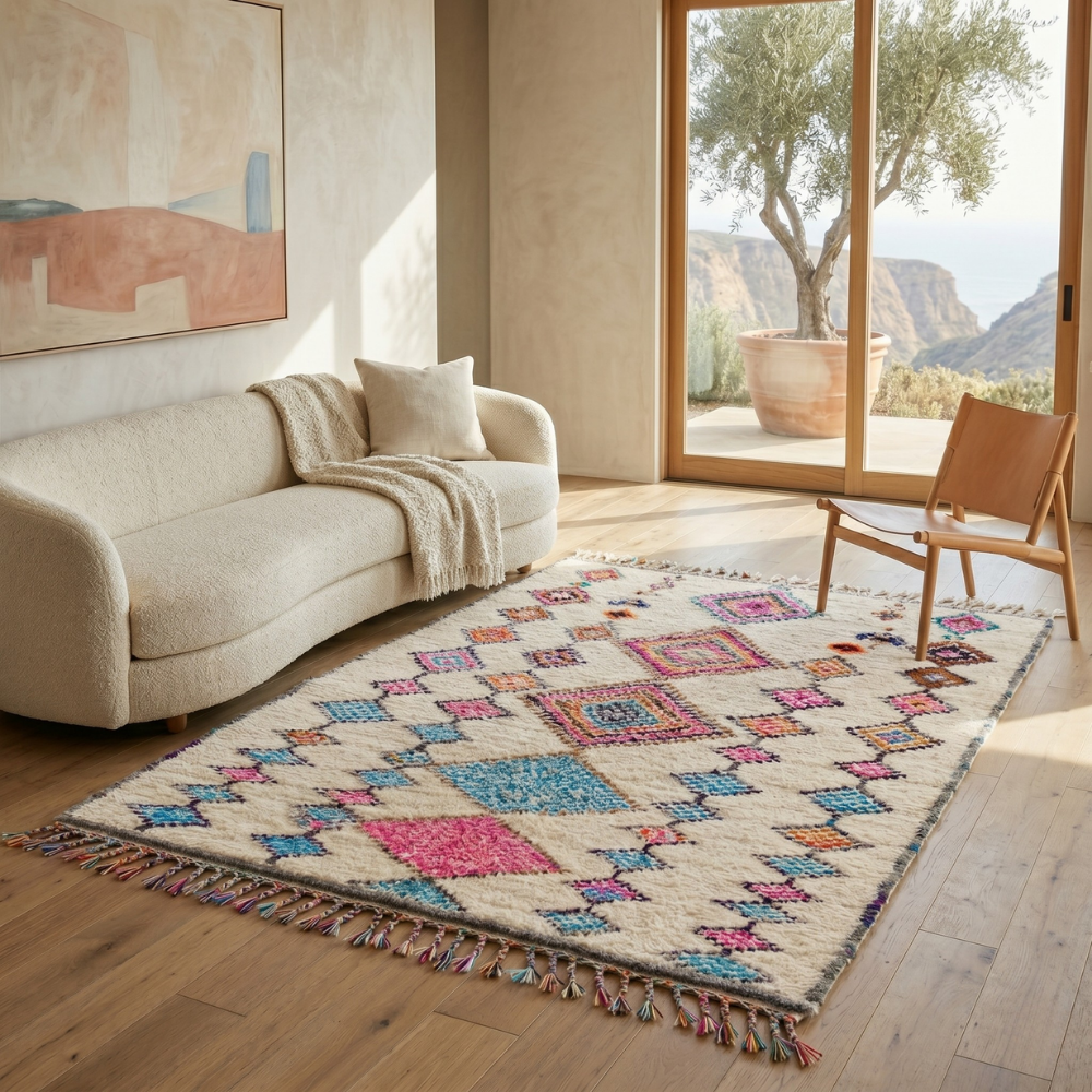 Ivory Azilal rug with pink and blue diamond grid in a sunlit modern living room