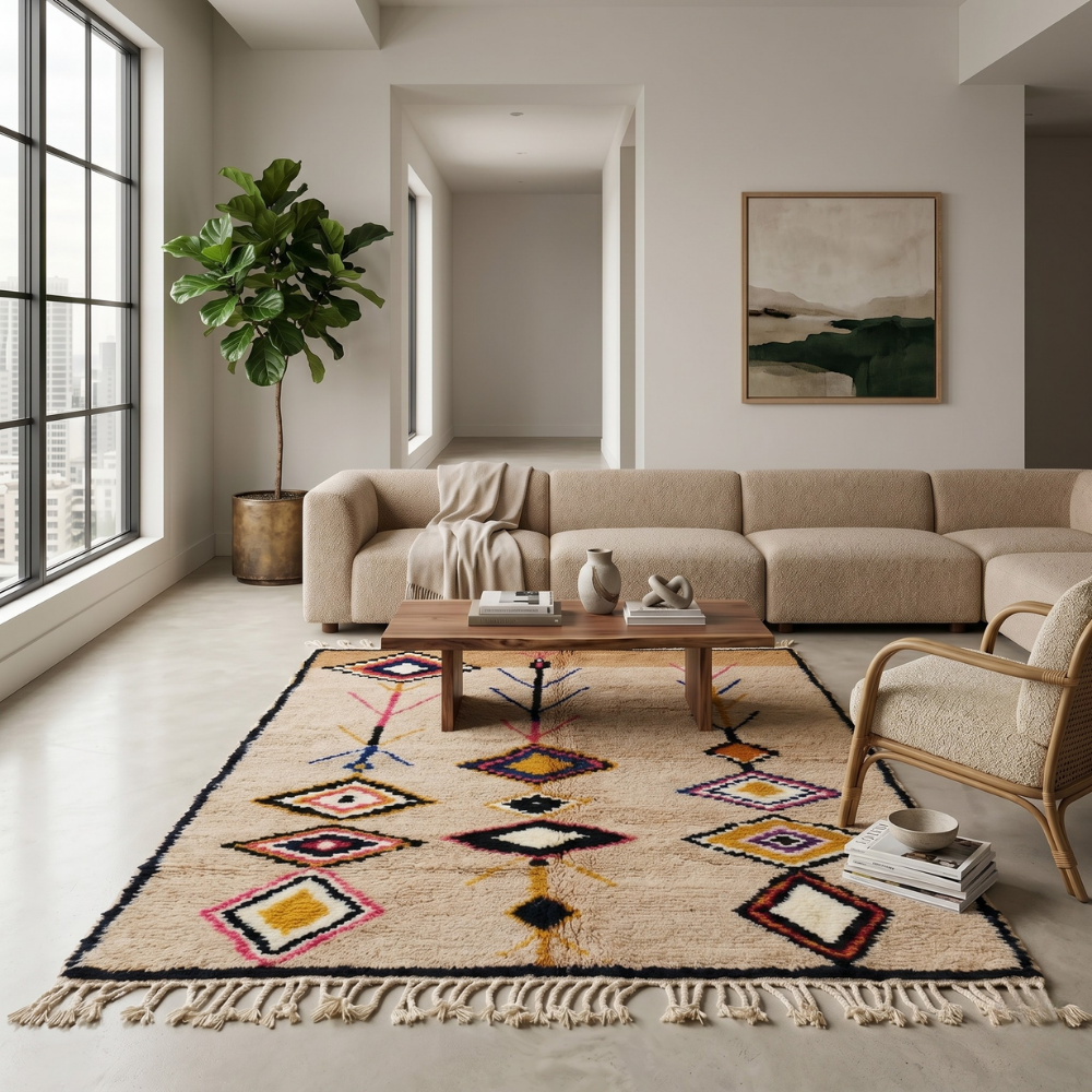 Wheat and multicolor diamond Azilal Berber rug in a warm living room with sectional sofa