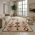 Earthy Azilal rug with colorful diamond motifs in a bright modern living room