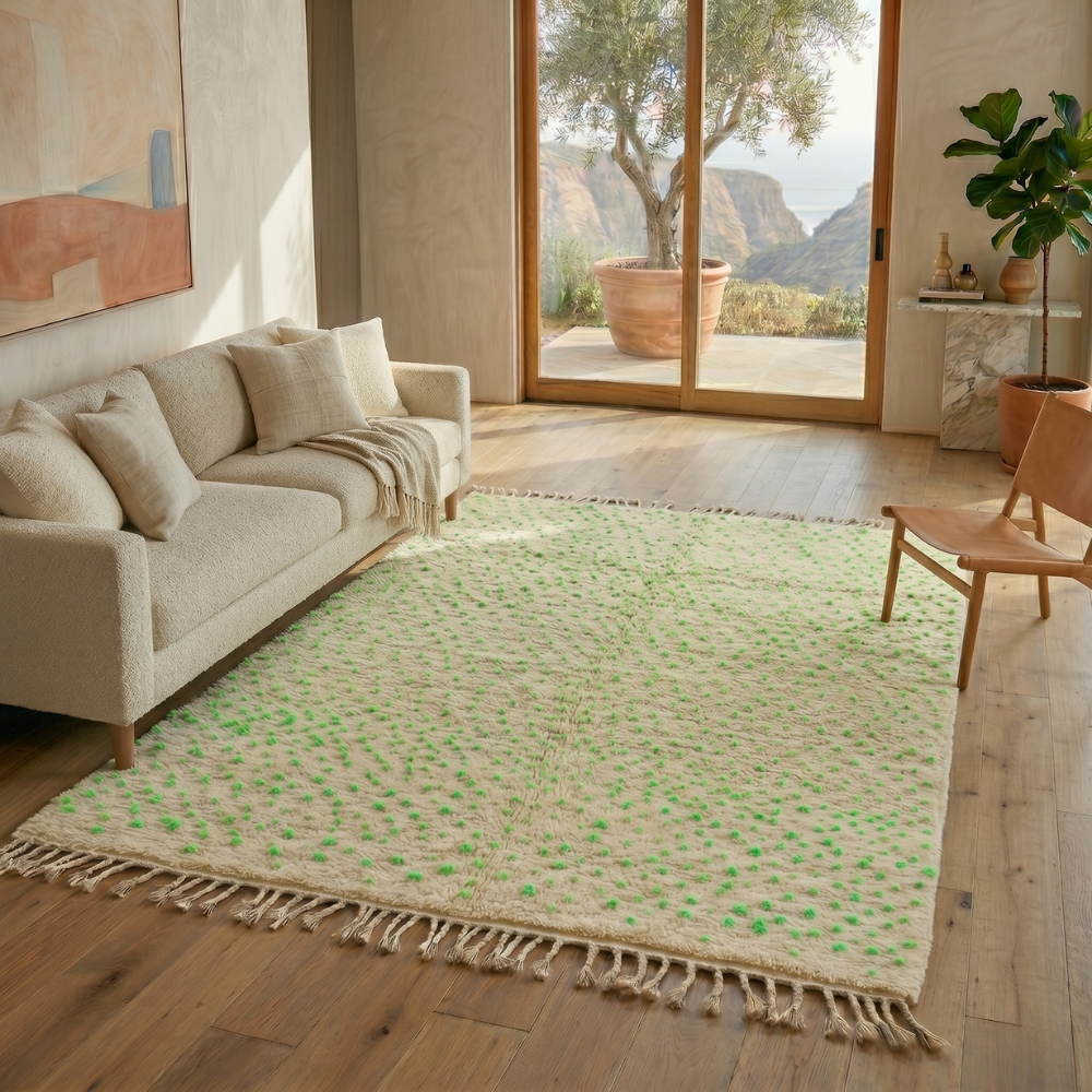 Minimalist Beni Ourain rug with pastel green and pink speckles in a sunlit modern living room