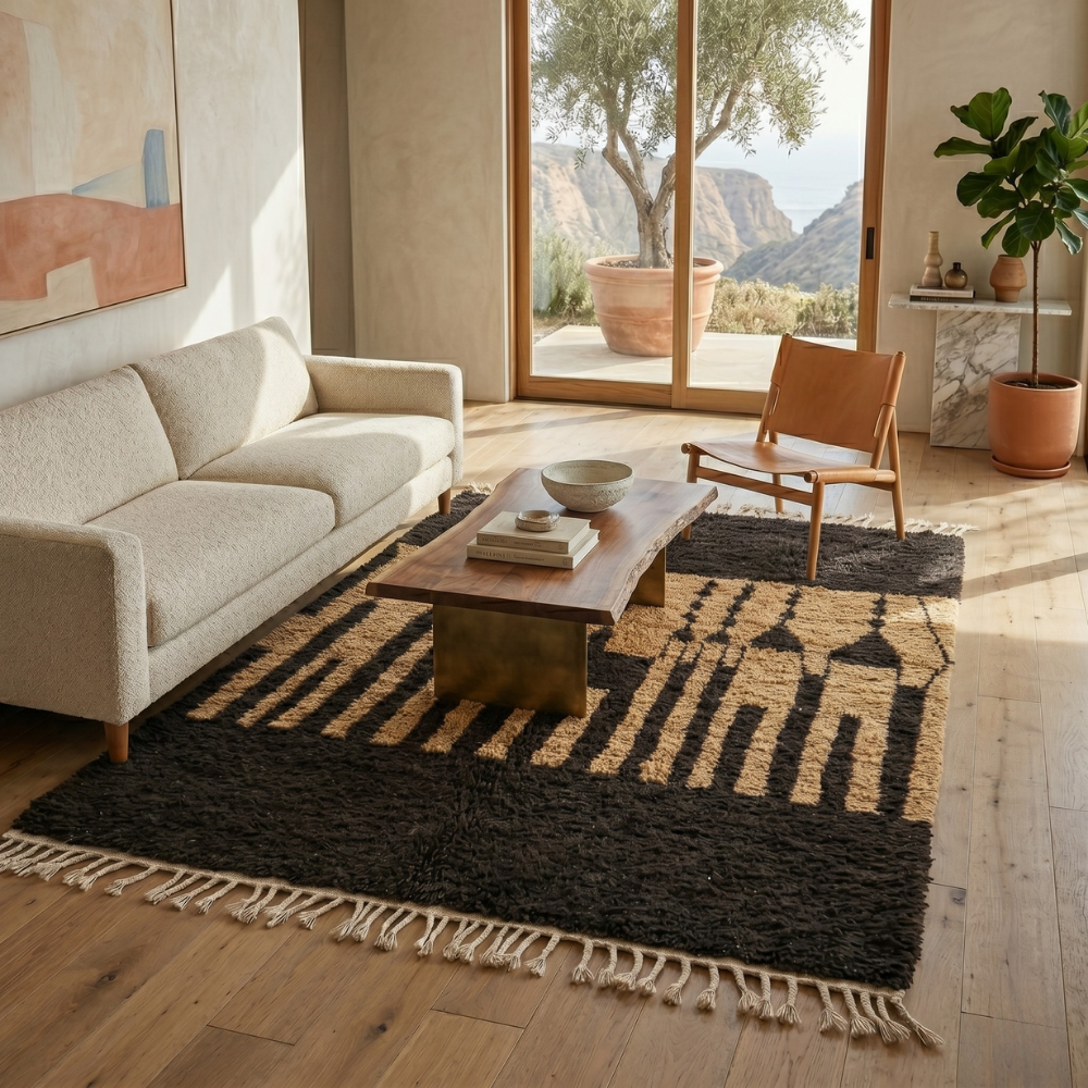 Black and camel Beni Ourain rug in a warm living room with neutral sofa and leather chair