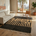 High-contrast Beni Ourain rug with tan stripes in a sunlit modern living room