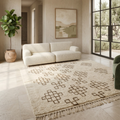 Neutral Beni Ourain diamond-grid rug in a bright modern living room