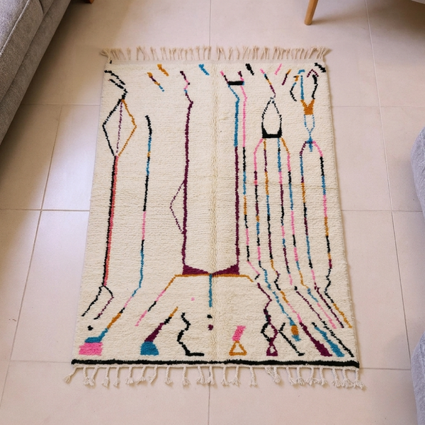 Beni Ourain Ivory Multicolor Line Wool Rug