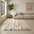Contemporary Beni Ourain rug with colorful lines in a sunlit modern living room