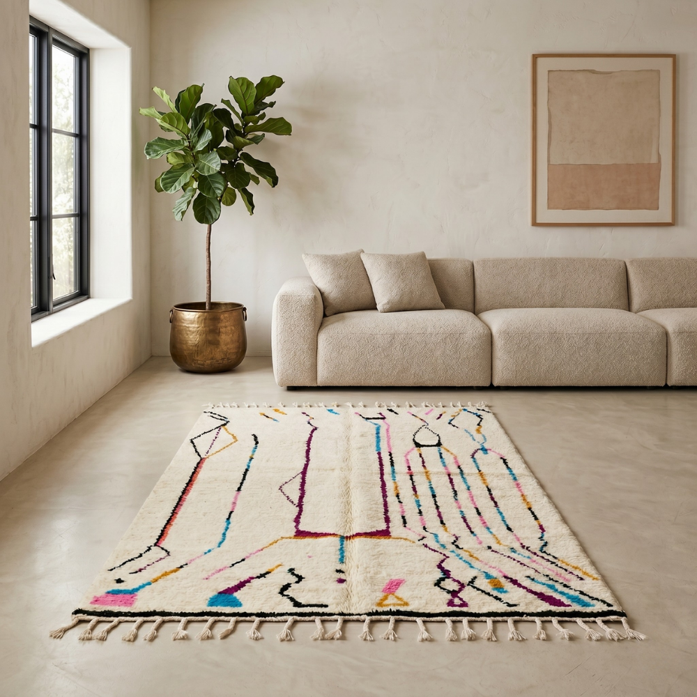 Contemporary Beni Ourain rug with colorful lines in a sunlit modern living room