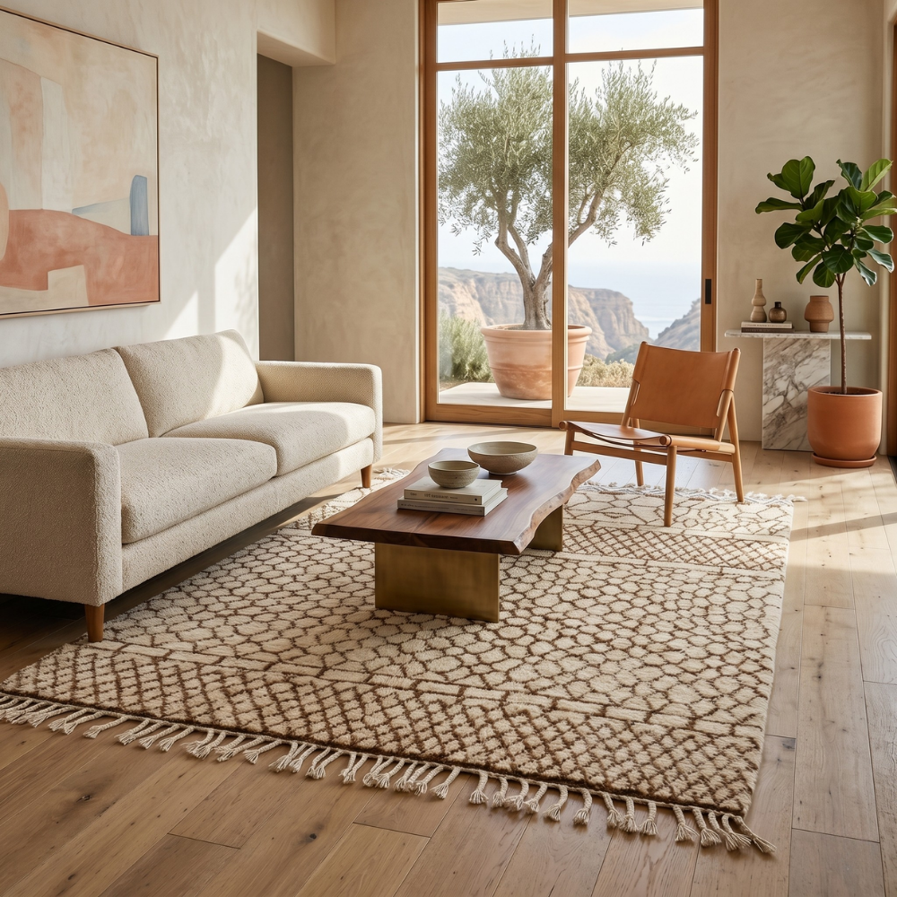 Cream textured Beni Ourain rug in a sunlit living room with neutral sofa and coffee table