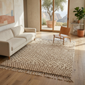 Neutral textured Beni Ourain rug with tonal lattice in a bright modern living room